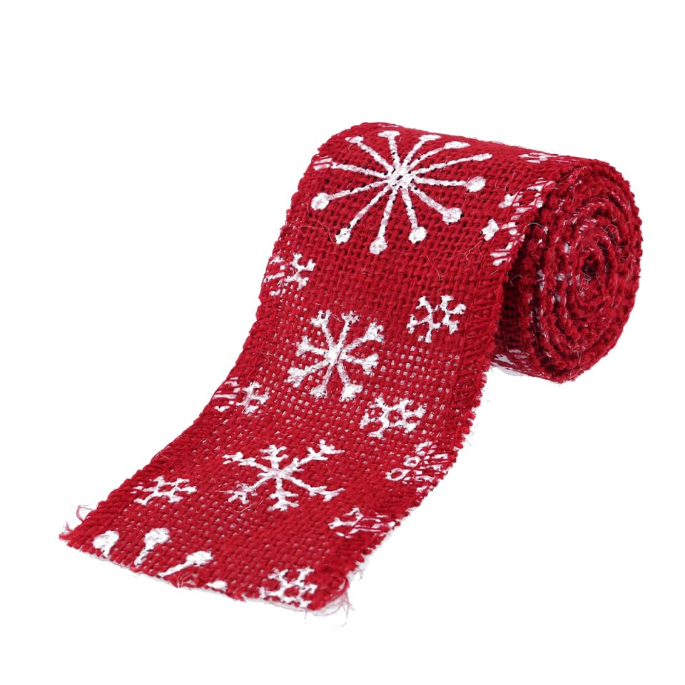 Christmas Ribbon Red Ribbons Wide Snowflakes Wired Handmade Burlap for Xmas Tree Wedding Decor (2m Red)