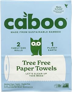 Caboo Tree Free Paper Towels, 2 Rolls, Tree Free, Plastic Free, Earth Friendly, Sustainable Kitchen Paper Towels with Strong 