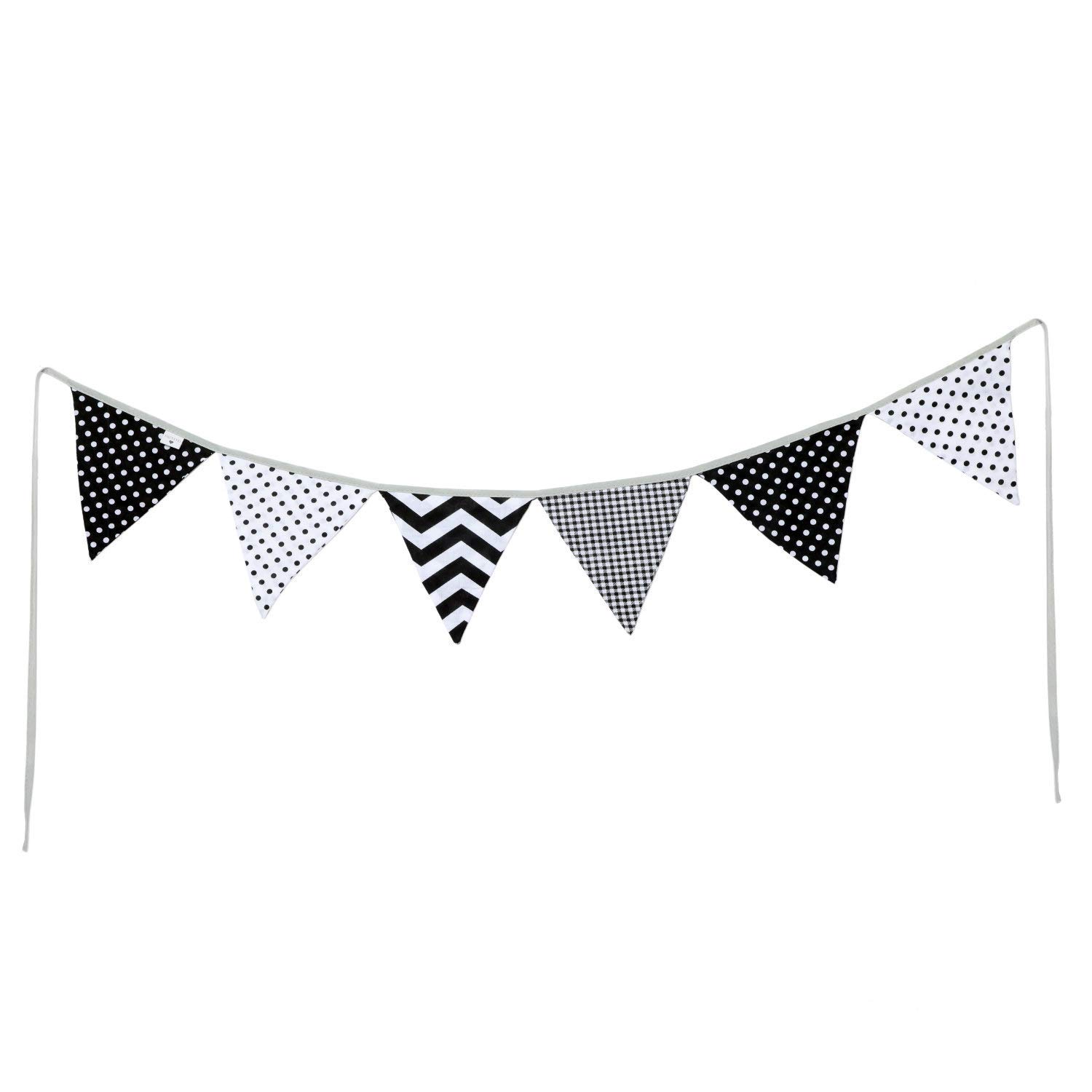 PREMYO Fabric Bunting Flags - Baby Shower Decorations Unisex Nursery - Double Sided Banner Black White