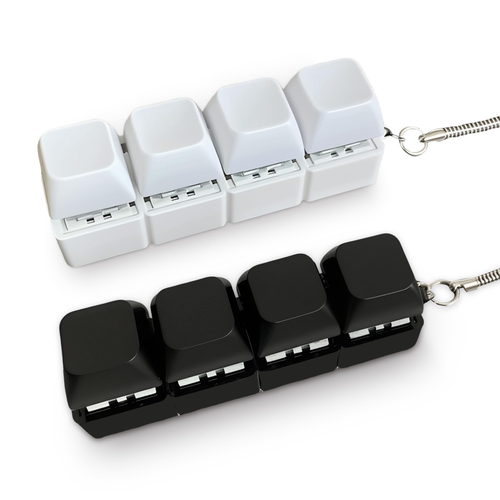 Qubitly 2 Pcs Keyboard Fidget Toy Set, Clicky 4 Buttons Stress Relief Toys, Portable Fidget Keyboard with Stainless Steel Keychain, Perfect Stress Relief Gifts for Women & Men（Black and White