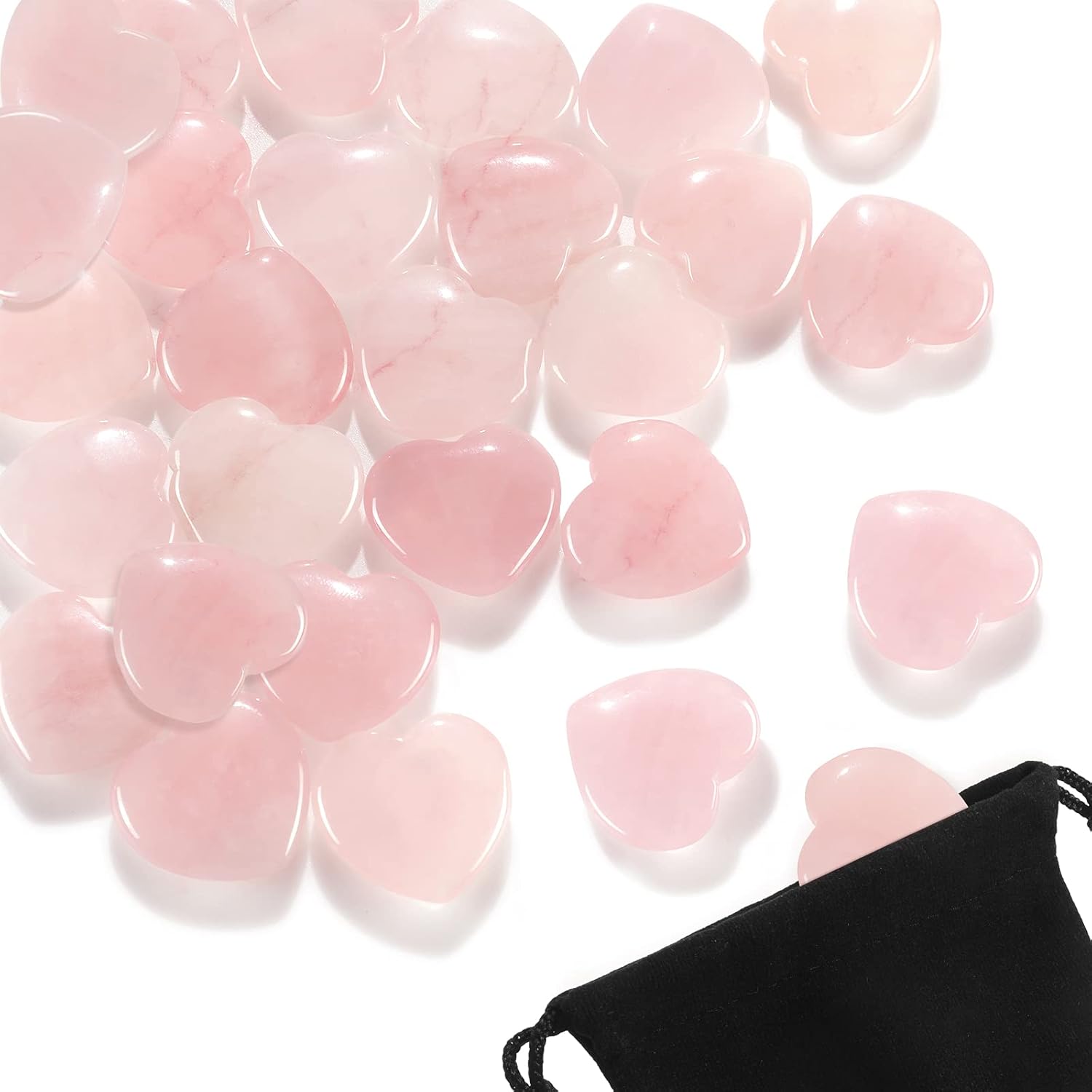Indoor Fountains & Accessories - 24 Pcs 0.8 Inches Rose Quartz Crystal Heart Love Stones Amethyst Aventurine Tiger Eye Stones Love Carved Palm Worry Stone with Black Flannelette Bag for Reiki Balancing Wedding(Pink)
