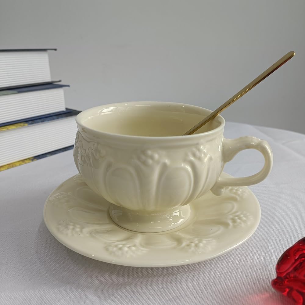 RYHMHA Handmade Ceramic Coffee Cup and Saucer Set, Royal Tea Set,300ml, Cream