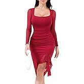 HEPOE Women's Sexy Ruched Bodycon Midi Dresses Mesh Long Sleeve Square Neck Ruffle Hem Cocktail Party Dress