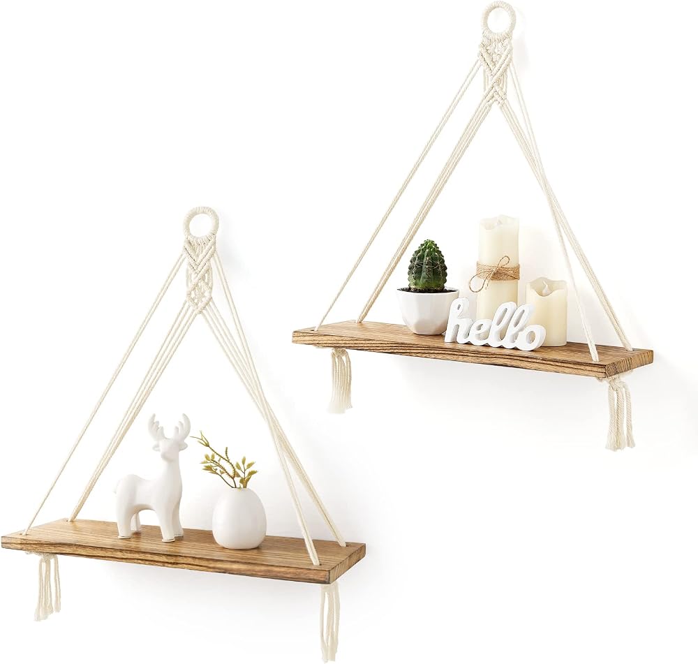 Mkono Macrame Hanging Shelves Set of 2 Rustic Wood Floating Shelves White