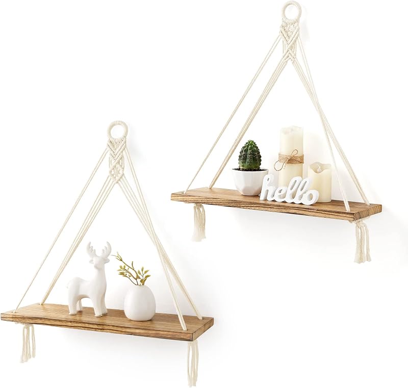 Mkono Macrame Hanging Shelves Set of 2 Rustic Wood Floating Shelves White