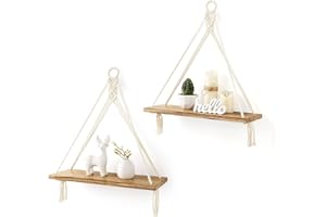Mkono Macrame Hanging Shelves Boho Wall Decor Set of 2 Rustic Wood Floating Storage Shelf for Bedroom Bathroom Living Room Nursery Dorm Room, Display Shelving for Hanging Plants Photos