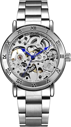 Alienwork Reloj Mecánico Automático Relojes Automáticos Mujer Hombre Acero Inoxidable Plata Analógicos Unisex Impermeable Esqueleto: Amazon.es: Relojes