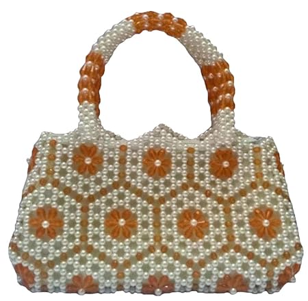 Rosy Orange and White Handheld Hand Bag with Beads
