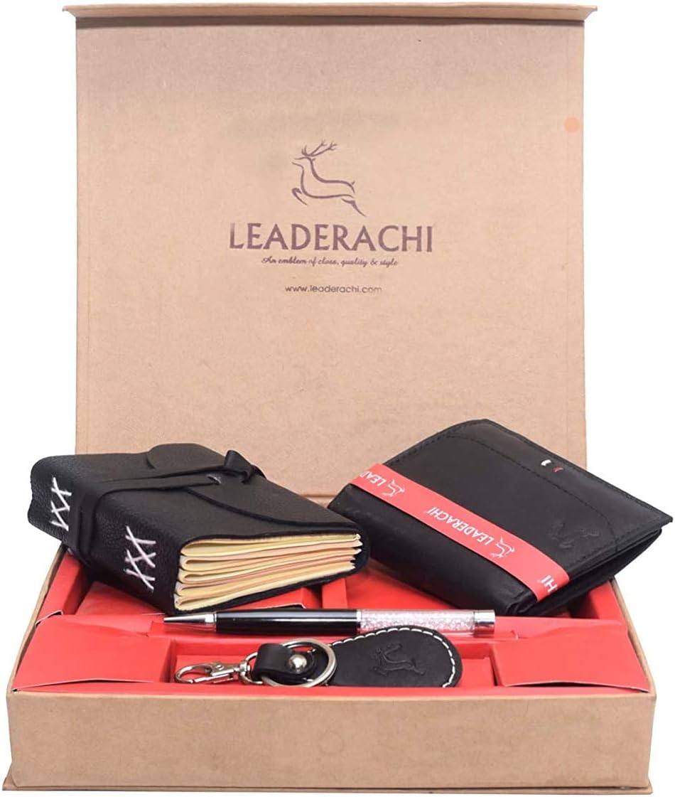 LEADERACHIGenuine Full Grain Black Leather Bifold Wallet & Leather Journal Diary with Genuine Black Leather Designer Key Ring & Metallick Black Pen Combo Gift Box for Men (WPKD-23BK)