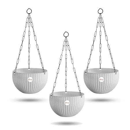 Kraft Seeds Hanging Planter Euro Elegance Round Solid Look and Feel Pots for Home & Balcony Garden 17.5cm Diameter, 3 Pieces, White
