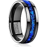 TUNGSTORY Tungsten Rings for Men Blue Foil Inlay, 8mm Black Mens Wedding Band, Customizable, Comfort Fit Ring for Engagement Anniversary, Size 7-12