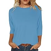 JomeDesign Womens Tops 3/4 Sleeve Shirts Round Neck Loose Casual Blouses Solid Color Tshirts