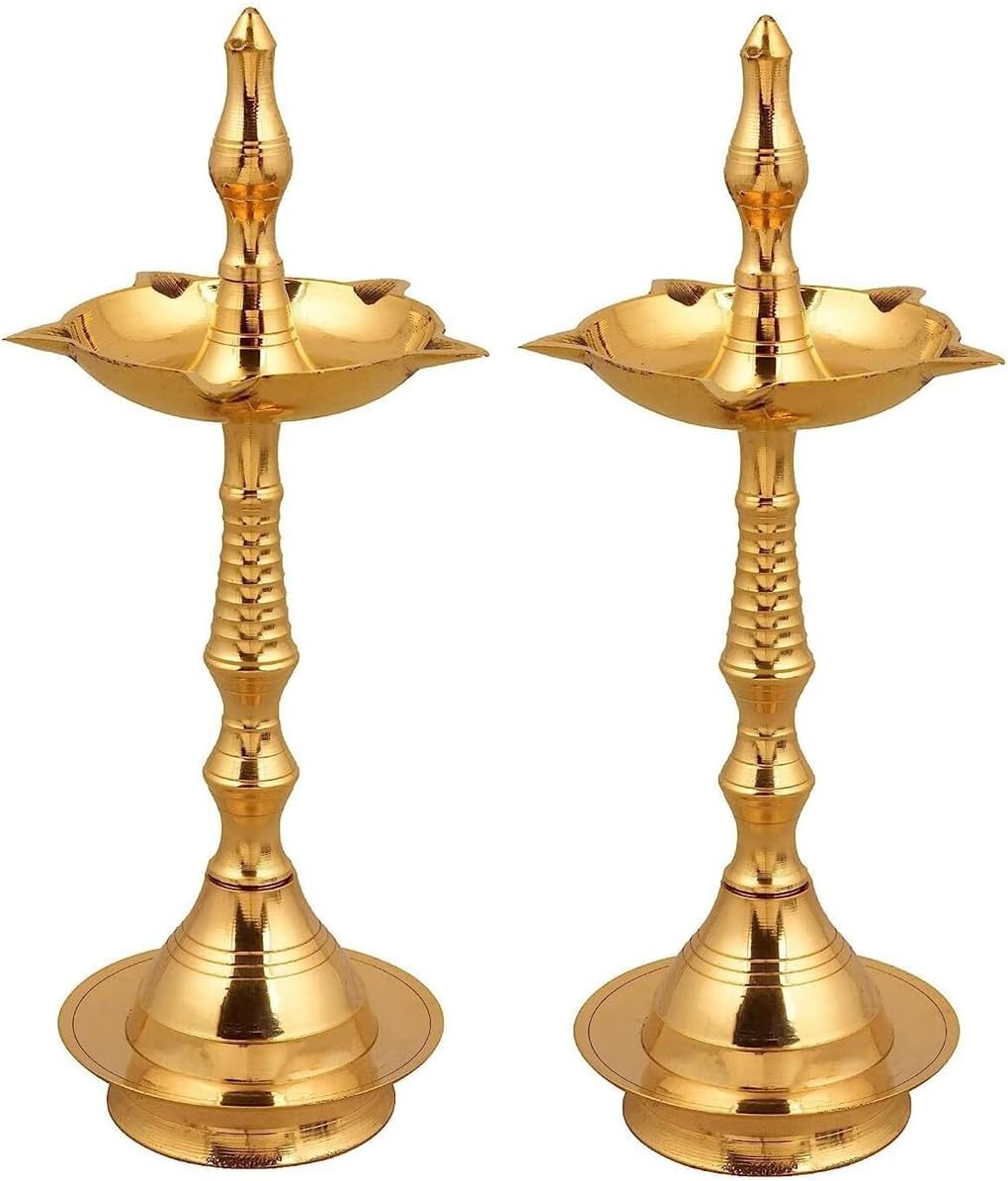Oil Lamps & Accessories - TIED RIBBONS 5 Inch Kerela Diya Stand Samai Diyas Set of 2 | Golden Brass Diya Oil Lamps for Pooja and Deepam Diwali Decorations for Home | Traditional Indian Return Gifts for Pooja and Home