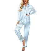 Ekouaer Womens Satin Pajama Set Classic Pattern Silky Pj Sets Button Down Sleepwear Loungewear