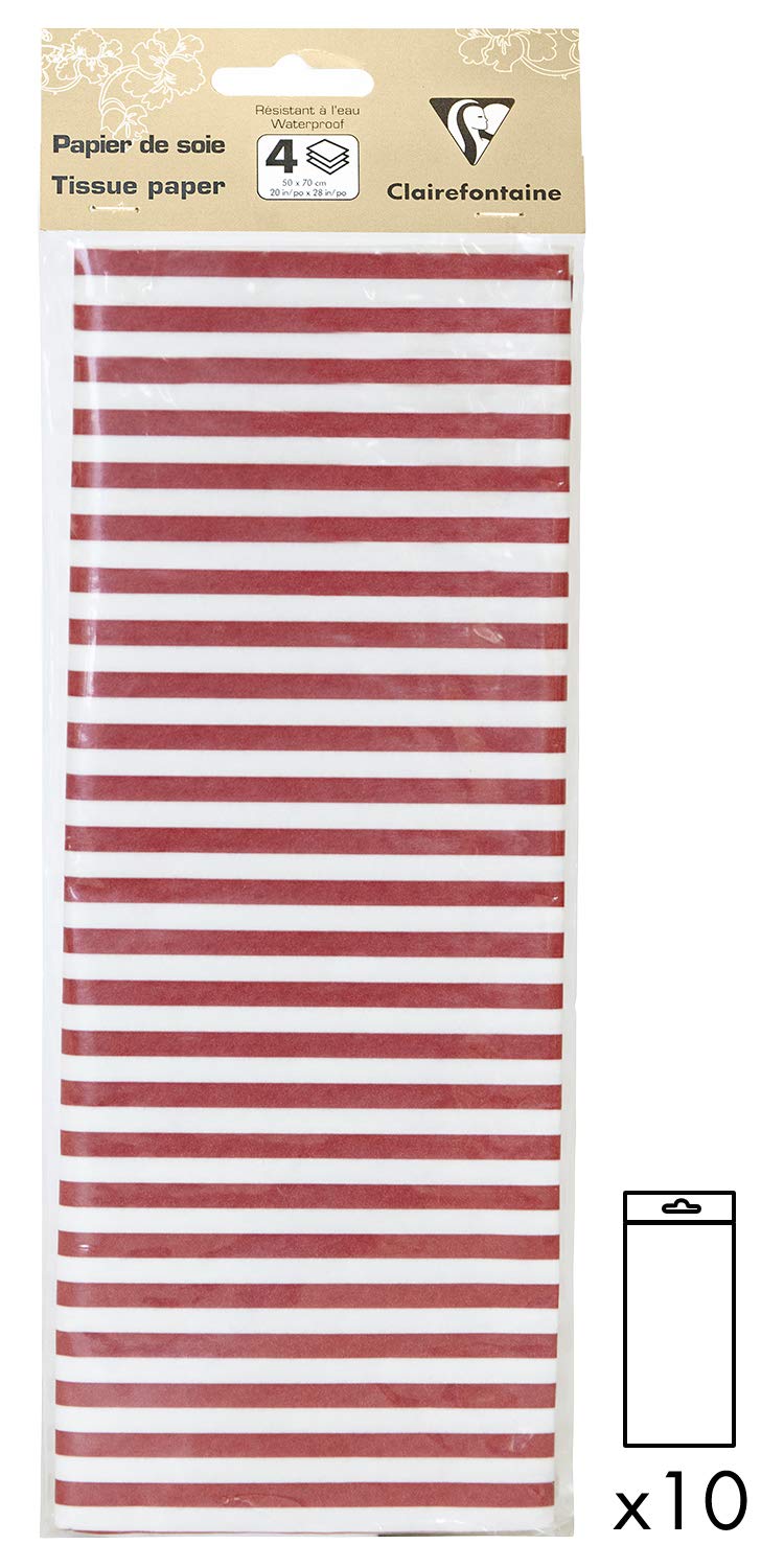 Clairefontaine - 393811AMZC - Silk Paper - Pack of 40 Folded Sheets - Size : 50x70cm - 18g - Design : Red stripes - Gift wrapping, Personalised gifts, DIY