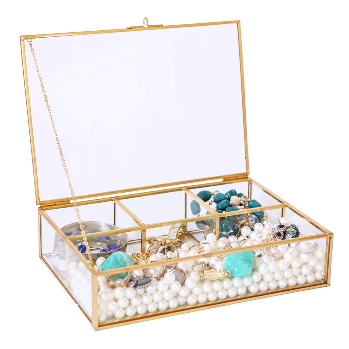 Golden Vintage Glass Box Clear Glass & Brass Metal Storage Jewelry and Cosmetic Makeup Case Holder Organizer Beauty Treasure Display, 4 Compartment