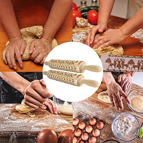 2pcs 14" Christmas Wood Rolling Pin for Baking Wooden Pastry Pizza Dough (elk) - Thumbnail 3