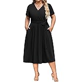 IN'VOLAND Women Plus Size Short Sleeve Dress Casual Wrap V Neck Belted Vacation Beach Midi Dresses with Pockets