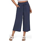 UEU Women's Linen Capris Wide Leg Ruffle High Waisted Pants Casual Drawstring Summer Loose Capri Pants with Pockets
