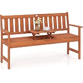 Tangkula 59" Wood Outdoor Bench with Pull-Out Center Table, 2-Person Bench | Garden Bench with Backrest &amp; Armrests, Slatted Seat, Outside Loveseat for Porch, Poolside, Courtyard, 705 lbs Max Load