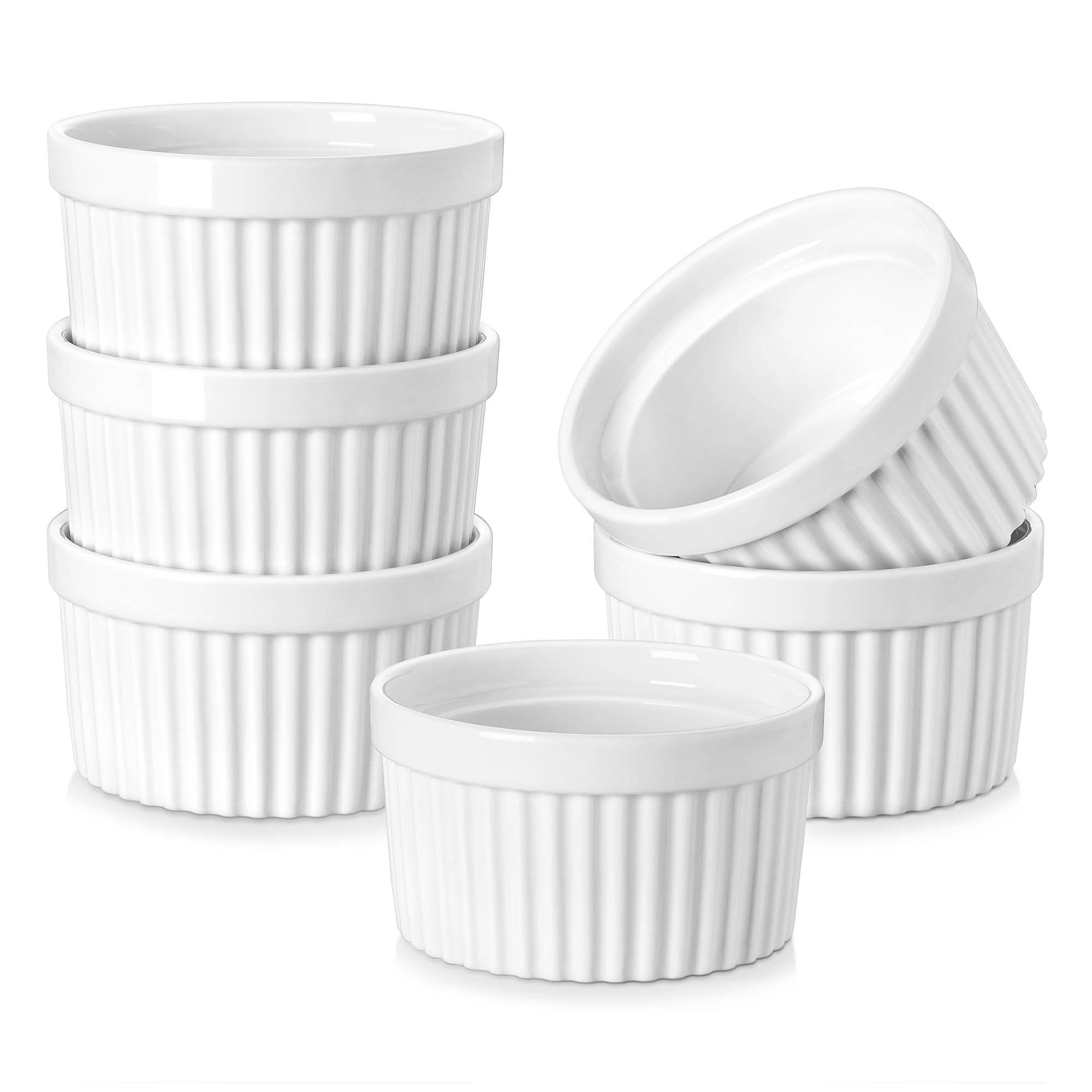 MALACASA, Ramekin Series, Creme Brulee Bowls, Set of 6, 260 ml Souffle Moulds for Baking, Souffle Moulds, Oven-Safe, Oven-Safe Creme Brulee Bowls, Mini Casserole Dish, 10.5 x 5.4 cm, White