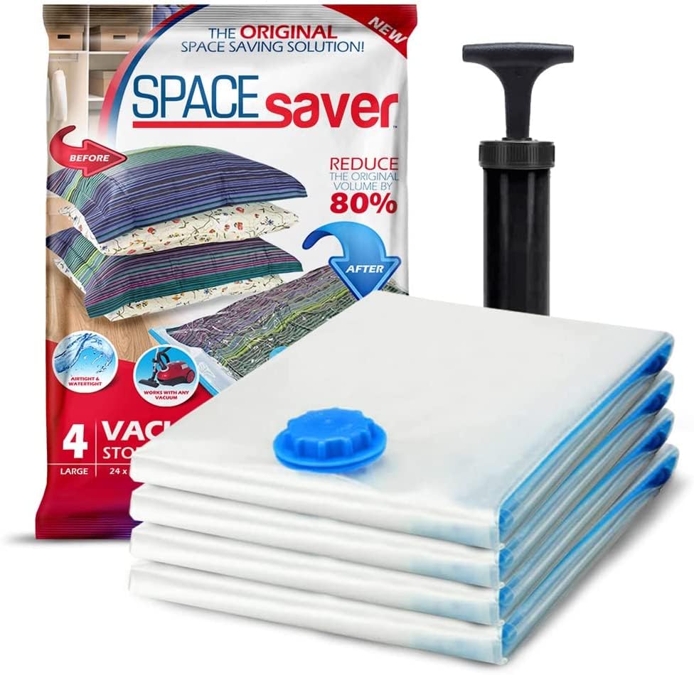 SpaceSaver Vacuum Storage Bags - Clothes & Bedding Storage - 4 Large Pack with Pump