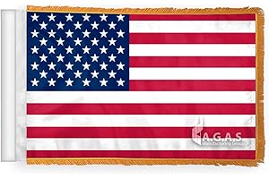 A.G.A.S MANUFACTURING GROUP AGAS USA Antenna Flag For Cars with Gold Fringe 4x6 inch Printed Single Sided Polyester - Stitched Edges - Plastic Mounting Clip - Gold Fringed American Patriotic Flag for Automobiles - Waves in the wind as you drive.