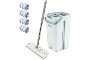 INHOMES Mop and Bucket with Wringer Set, Durable Flat Squeeze Mop Bucket Set for All Type of Floor Cleaning, Window, Wall and Hardwood Cleaning Mop with 4 Premium Microfiber Cloths