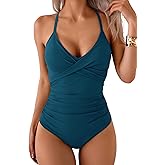 B2prity Women's One Piece Swimsuits Tummy Control Front Cross Bathing Suits Tie Back Slimming V Neck Swimwear