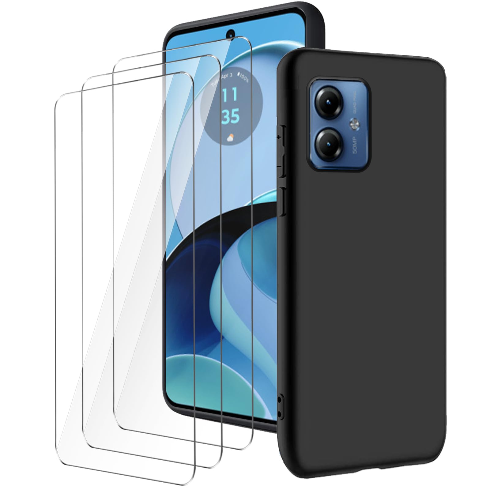 LYZXMY case for Motorola Moto G14 4G(6.5") Black mobile phone case + 3 pieces tempered glass protective film, case soft silicone TPU protective cover 9H hardness HD tempered glass film glass
