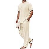 COOFANDY Men's 2 Piece Cotton Sets Casual Short Sleeve Henley Shirts and Beach Pants with Pockets Summer Vacation Outfits