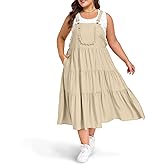 Moon Wood Plus Size Overall Dress for Women Casual Bib Jumper Dress with Pockets Adjustable Straps Summer Maxi Dress