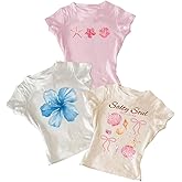 RoseSeek Girl's 3 Packs Graphic Tees Vacation Hibiscus Top Crewneck Short Sleeve Cute Summer T Shirt