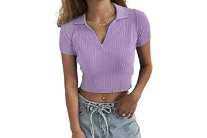 Hyipels Crop Top Polo Shirts for Women - Summer Short Sleeve Solid Knit Tops with Ribbed V-Neck Collar