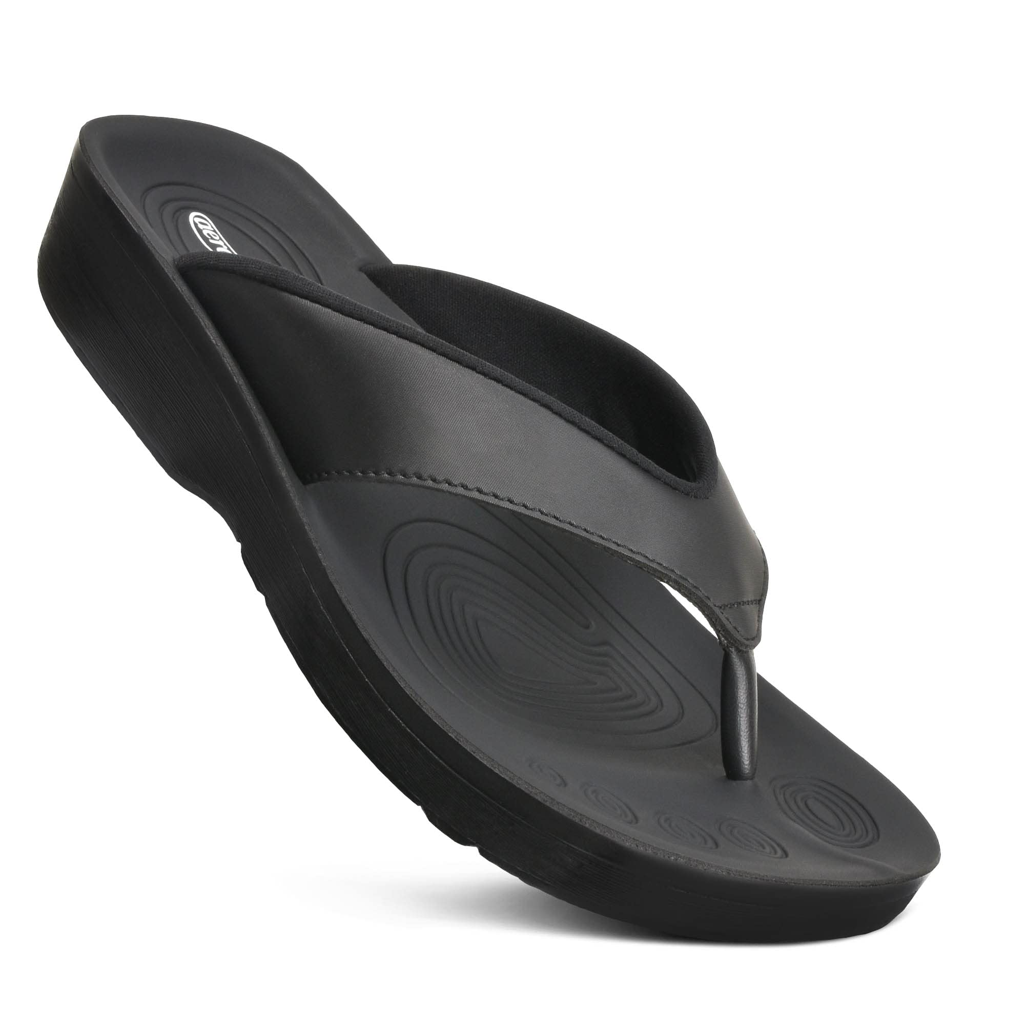 Photo 1 of AEROTHOTIC Arch Support Flip Flops for women Stylish Cushioned Padded Straps with Soft Toe Post Slip on Footwear Dressy Travel Recovery Outdoor Comfortable Walking Sandals (Fallon Black, Size 7)