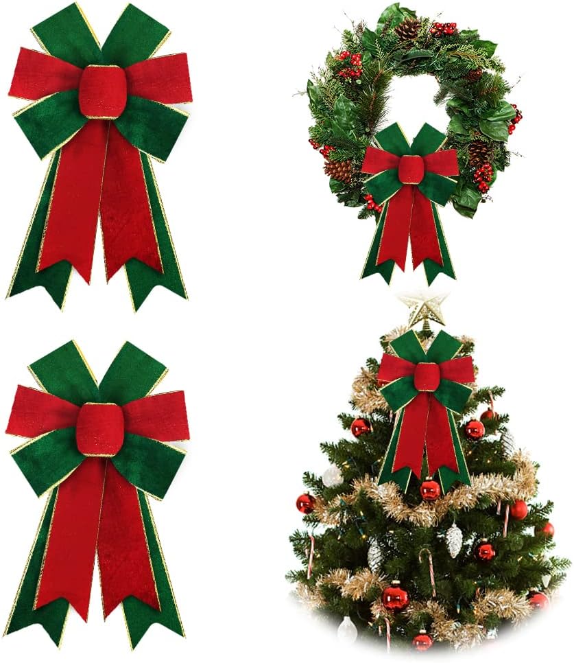 Bows & Ribbons - ALIBBON 2Pcs Christmas Bows for Wreaths, Christmas Wreath Bows, Velvet Red Green Bows, Gold Edge Bows for Front Door, Christmas Decor, Craft Bows for Wreath Indoor Outdoor Wall Decorations
