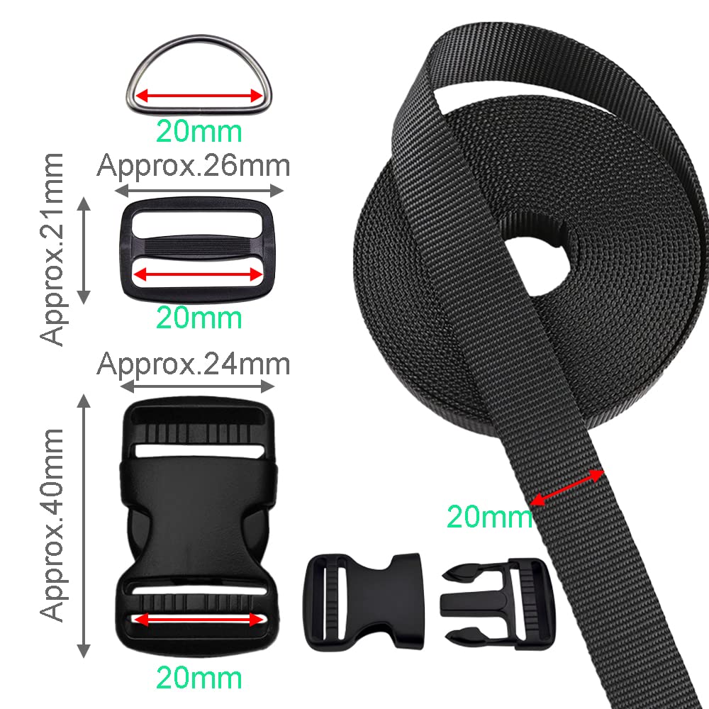 CooBigo 3/4 Inch Buckles Straps Set 6 Yards 3/4 Inch Black Nylon Webbing Strap 6 Pcs Plastic Buckle Dual Adjustable 12pcs Tri-glide Slide Clip Metal D Rings