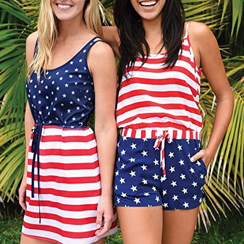 SMALLE◕‿◕ Women Rompers,American Flag Striped Romper Print Lace-Up Casual Patriotic Playsuit-'Independence Day' Line Blue - Thumbnail 6