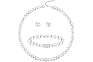 la luen Pearl Bride Wedding Jewelry Set Faux Pearls Crystal Rhinestone Necklace Earrings Bracelet Sets for Women Bridesmaid Wedding Parties Dates Everyday Wear (3 PCS)