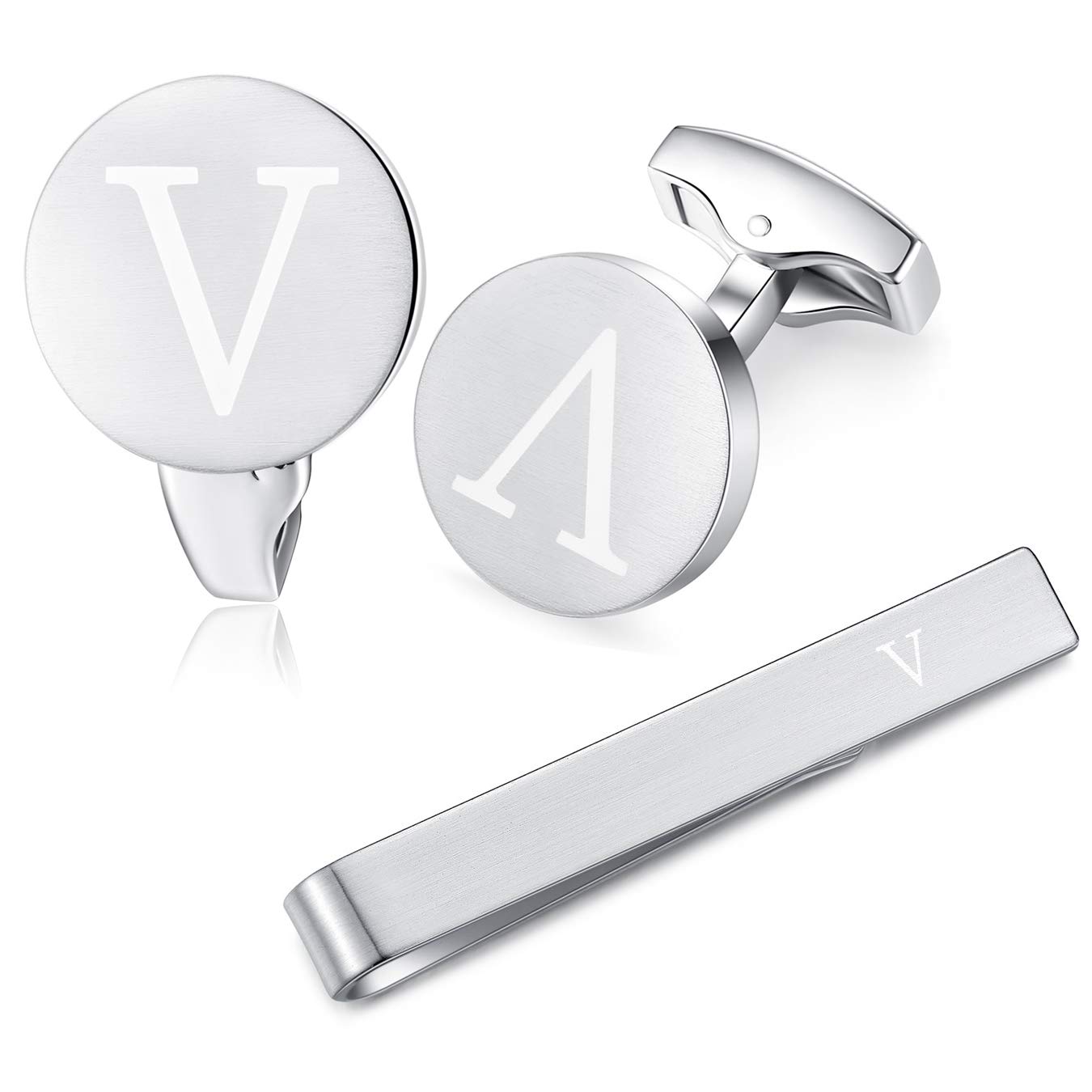 HONEY BEAR Initial Alphabet Letter Cufflinks Skinny Tie Clip Set for Mens Shirt - Round Stainless Steel, for Skinny Narrow Tie Business Wedding Gift,Brushed Silver,4cm (V)