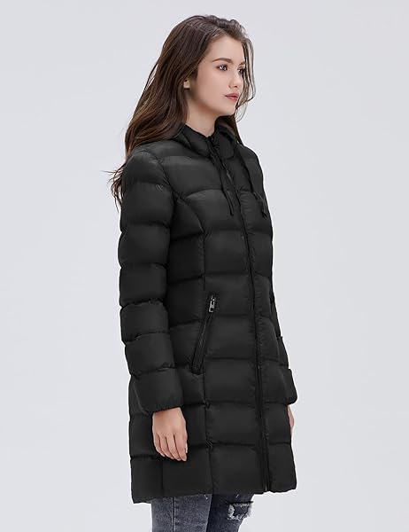 SLOWTOWN WOMEN’S PUFFER JACKET LIGHTWEIGHT HOODED PUFFY COAT MID-LENGTH WARM LONG PUFFER COAT (DEEP BLACK, X-LARGE)