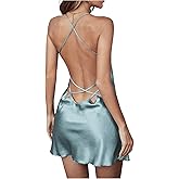 RoseSeek Women's Spaghetti Strap Backless Silk Nightgown Criss Cross Satin Slip Dress Soft Mini Sleep Dress