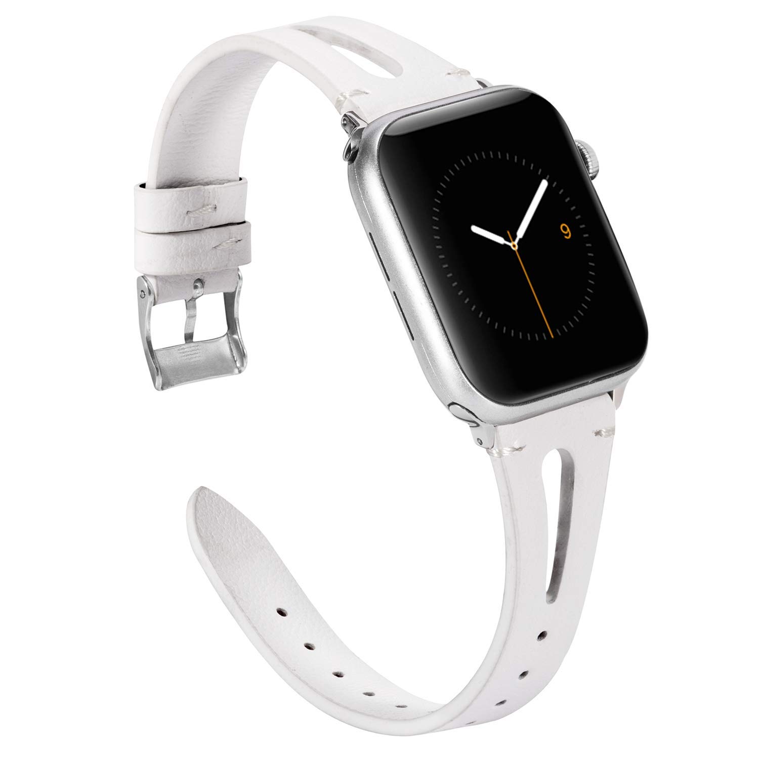 Wearlizer White Leather Compatible with Apple Watch Strap 41/38/40/42mm iWatch Womens Triangle Hole Sport Straps Wristband Replacement Bracelet (Metal Silver Buckle) SE Series 11 10 9 8 7 6 5 4 3 2