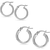 Set of 2 Pair 925 Sterling Silver Hoop Earrings for Women | Bali Double Hoop Earrings Set | Classic Textured Diamond-Cut Click-Top Hoops Earring Gifts for Her