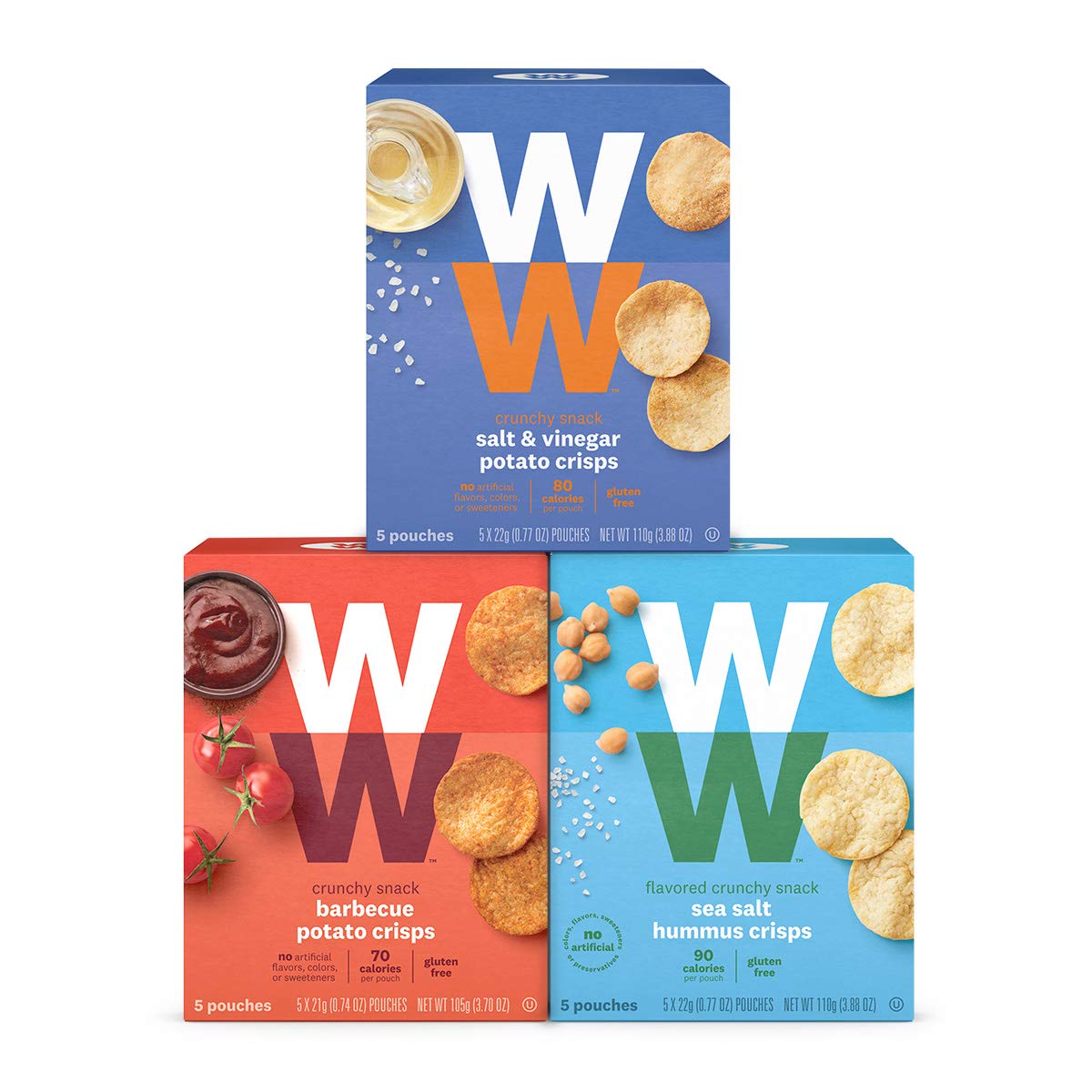 WW Classic Crunchy Snack Variety Pack - Barbecue, Salt & Vinegar, and Sea Salt Hummus - Gluten-free, 2 SmartPoints - 3 Boxes (15 Count Total) - Weight Watchers Reimagined
