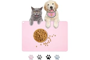 NINWOD Cute Cat Food Mat, Dog Feeding Mat for Food and Water, Waterproof Non-Slip Silicone Mat for Floor, Dog Food Mat with Raised Edge to Prevent Food Spills and Water Runoff, with Pet Bib (Pink)