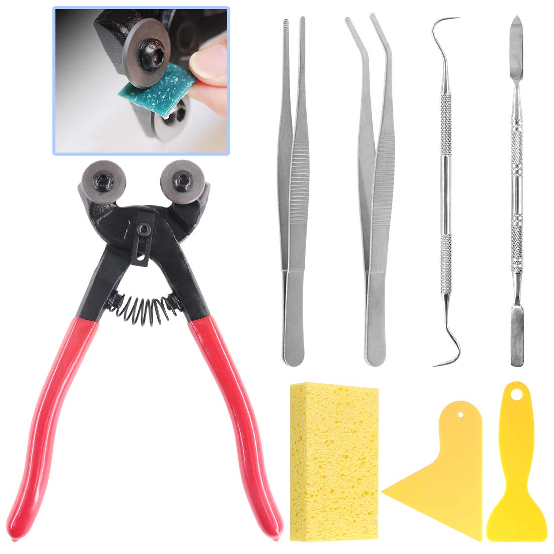 GLARKS 8 Pieces Mosaic Tools Set, Heavy Duty Double Wheeled Glass Mosaic Tile Cut Nippers with Scrapers, Tweezers, Double-Ended Hook, Spatula, Sponge