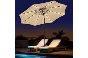 wikiwiki 9 FT Solar Led Patio Umbrella, Outdoor Table Market Umbrella for Deck, Pool, Garden w/Tilt, Crank, 32 LED Lights, Beige