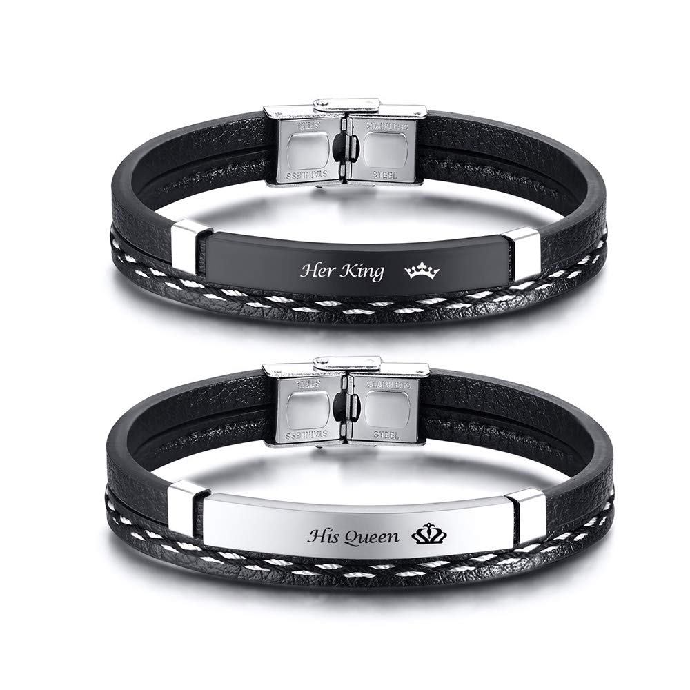 VNOX 2 x Couple Bracelets Handmade Braided Black Real Leather Bracelet His Queen and His King Matching Couples Wrist Valentine Gift, 18 cm, Stainless Steel