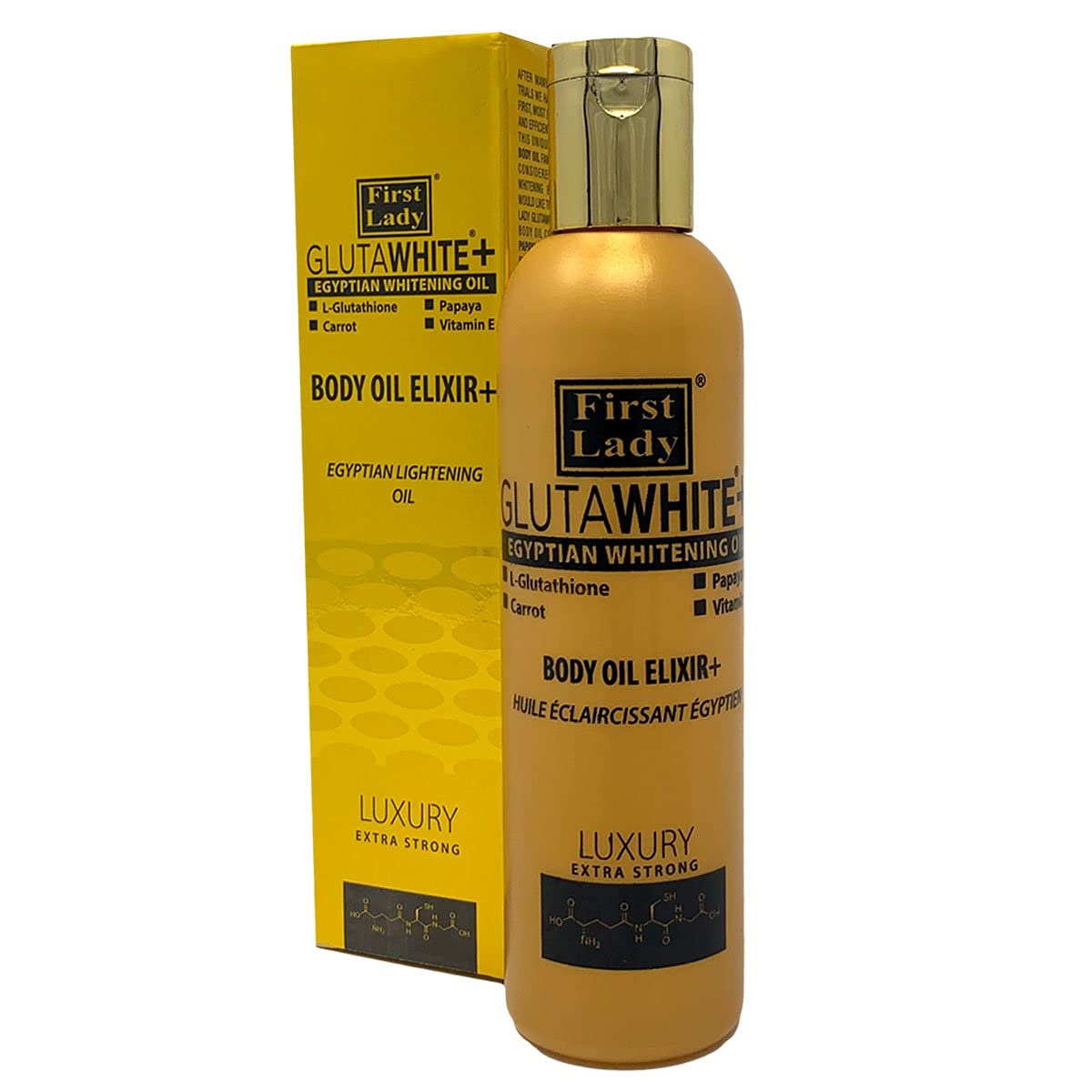 First Lady Glutawhite Gold Body Oil 200ml – Brightening Body Oil with Glutathione, Licorice Root & Vitamin E, Hydrating Skin Oil with Papaya, Carrot, Goat Milk & Bearberry